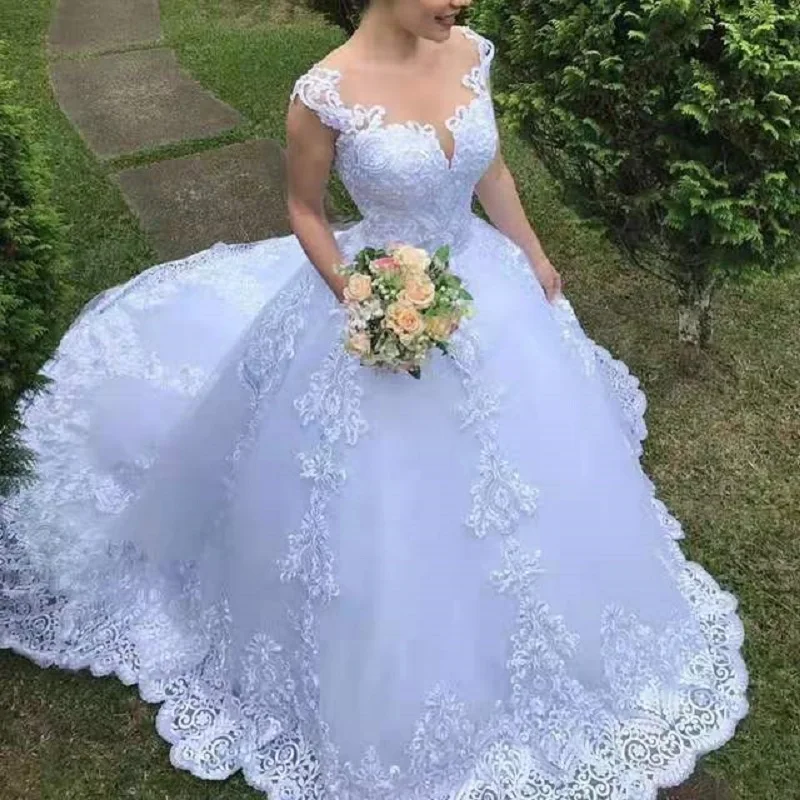 Robe de mariée dos nu brodée princesse, robes de mariée en dentelle de luxe, robes de cou élégantes, 2021