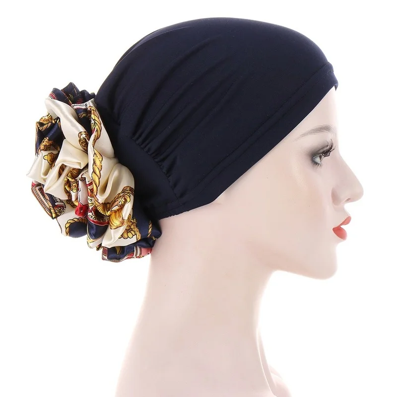 KepaHoo-turbante de flores de satén elástico para mujer, gorro musulmán para debajo del Hijab, Hijabs interiores islámicos de Color sólido, gorro de