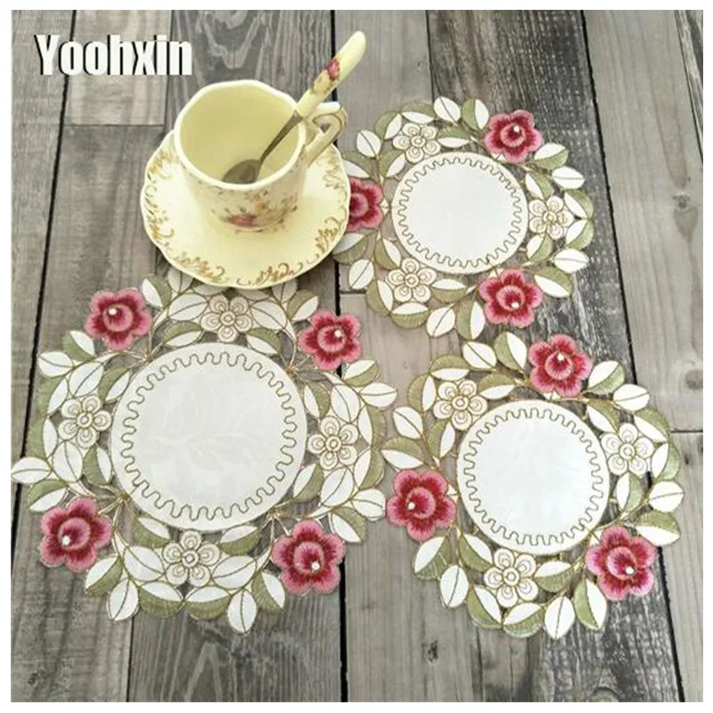 Modern Round Lace Table Place Mat Cloth Embroidery Tea Placemat Pad Drink Mug Coaster Cup Coffee Wedding Doily Dining Kitchen