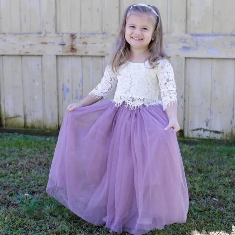 

Lavender Flower Girls Dresses For Wedding Half Sleeves Lace Little Girls Pageant First Communion Vestidos De Nina De Las Flores