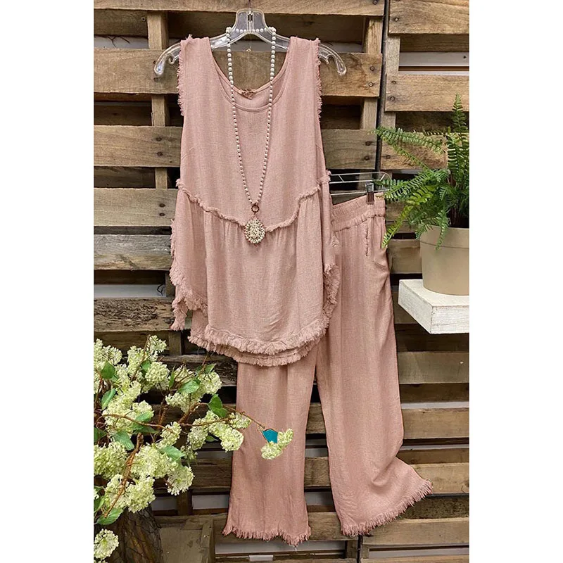 Summer Two Piece Set Ladies Fashion Casual Outfit Suit Women Sleeveless Tops Frayed Cotton Linen Vest + Wide Leg Pants Mujer Set