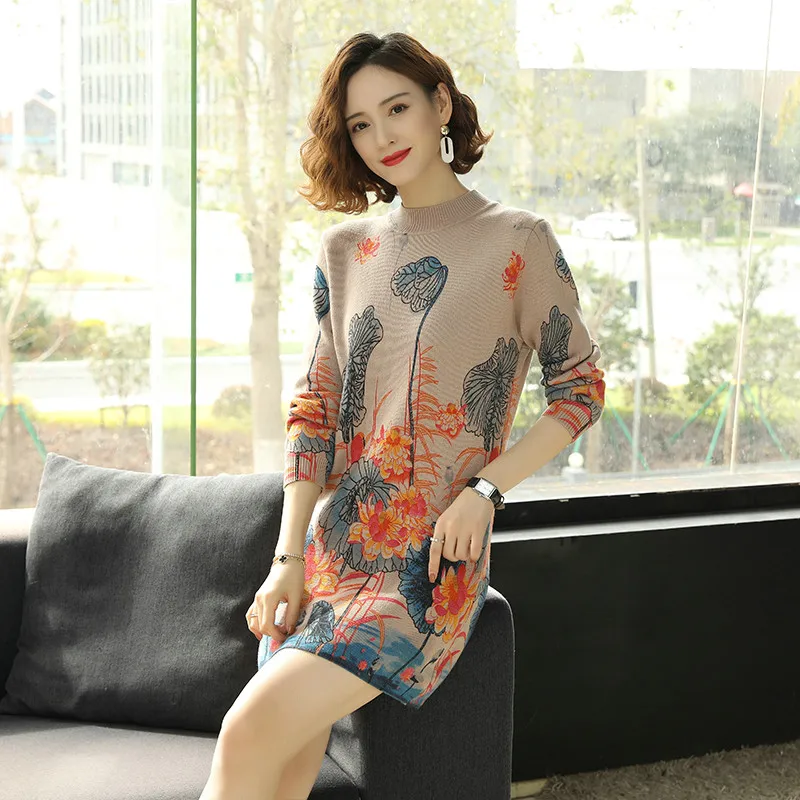 Winter Thermal Sweater Women Floral Sweaer Dress Elegant Printing Thicken Warm Knit Dress Pullover