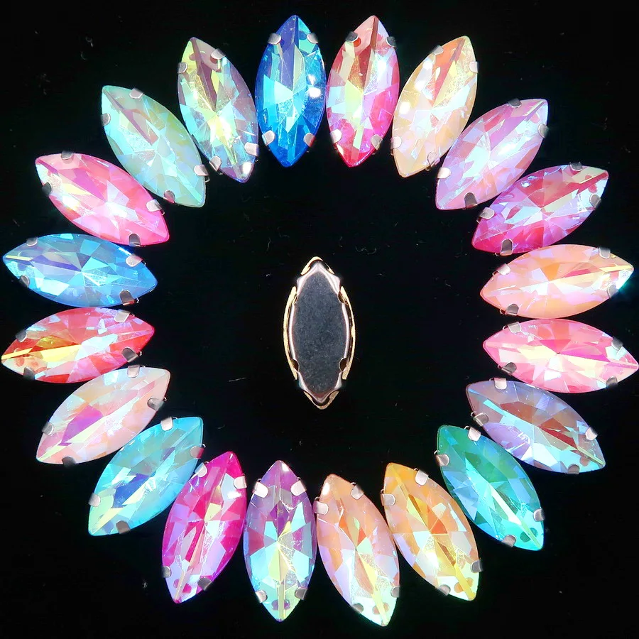 Navette-förmige Silberkrallenfassungen, 20 Stück, Regenbogen- & Jelly-Candy-AB-Farben, Glaskristall, 7*15mm, zum Aufnähen, Strass für Taschen, DIY-Verzierung – Detail 3