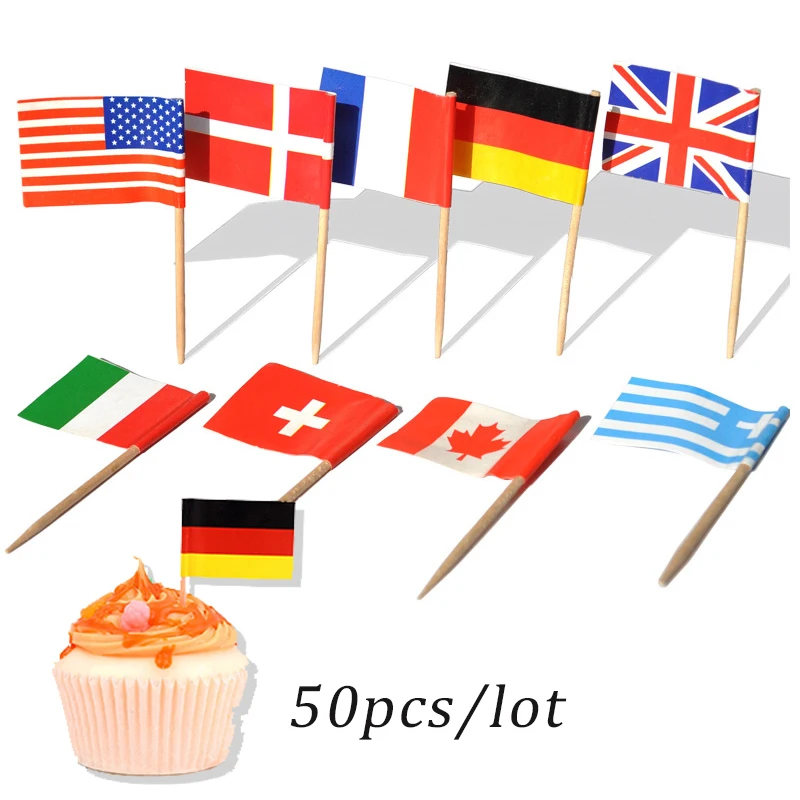 50pcs Disposable Multi National Flag Stick Cake Toper Flag Fruit Stick Cocktail Cake Steak Toothpick Food Decoration Bar