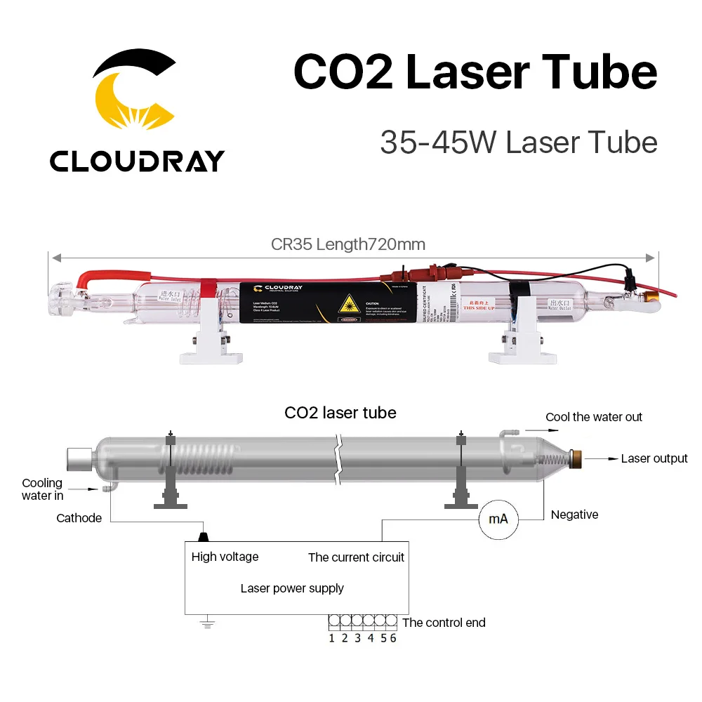 Cloudray 35-45W Co2 Laser Upgraded Metal Head Tube 720MM Glass Pipe Lamp for CO2 Laser Engraving Cutting Machine