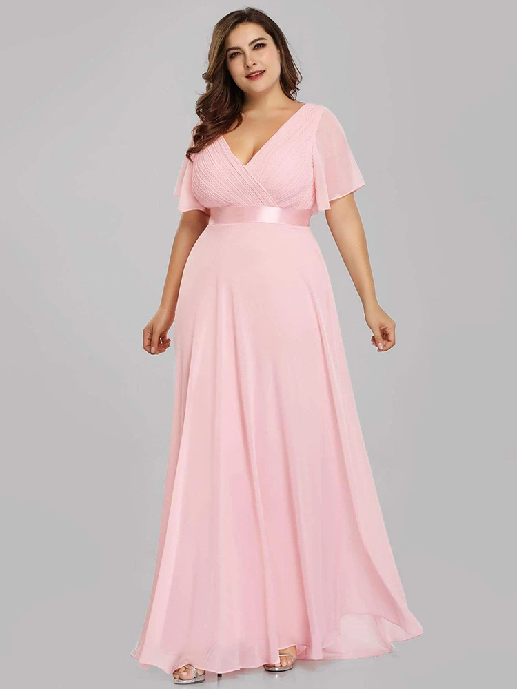 2024 New Women Plus Size Evening Dresses Long Elegant A Line V Neck Ruffles Chiffon Formal Wedding Party Dress Robe De Soiree