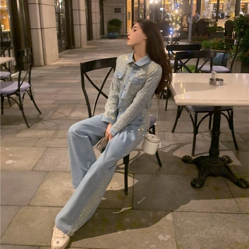 Luxury Design Denim Women Pants Two Piece Set Women Sequined Embroidery Button Jacket Coat + High Waist Wide Leg Trousers Suits