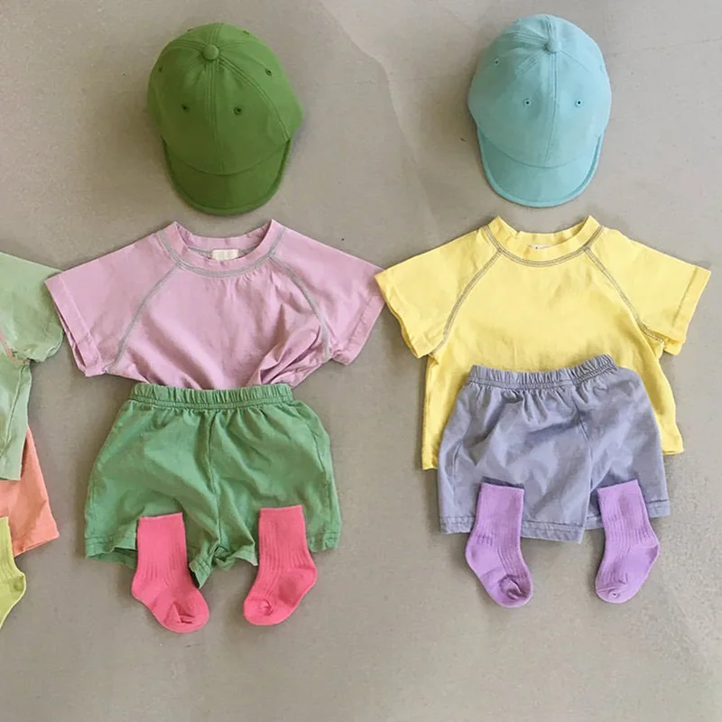 2024 Summer New Newborn Infant Short Sleeve Clothes Set Baby Boy Girl Soft Cotton T Shirt + Shorts Pant 2pcs Solid Clothes Set