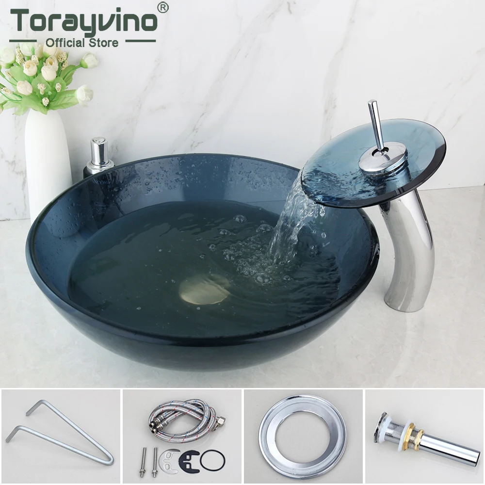 

Torayvino Round Hand Paint Washbasin Tempered Glass Basin Sink Deck Mounted Sink Bathroom Faucet Set With Pop-up Drain Mixer Tap