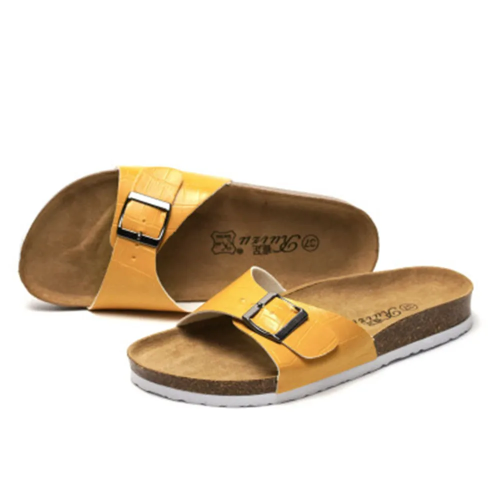 New 2024 Summer Women Sandals Flats Cork Slippers Casual Shoes Fashion Leather Buckle Beach Slides Flip Flop White Yellow Blue