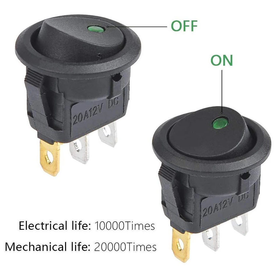20Pcs 3 Pin 12V 20A Amps Auto Vrachtwagen Rocker Ronde Toggle Led Schakelaar Aan-uit Controle, blauw, Groen, Geel, Rood