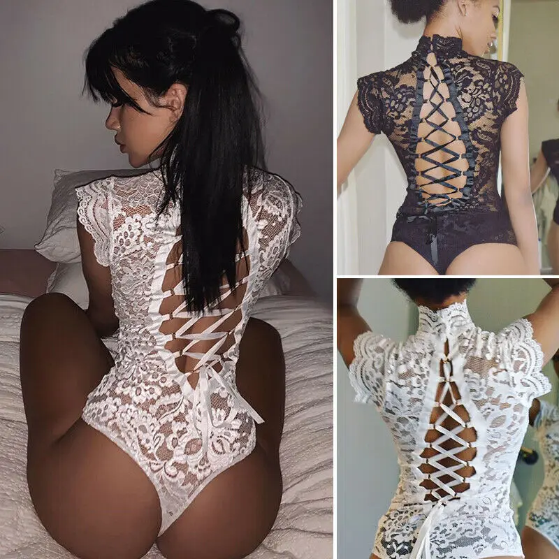 

Women Sexy Full Lace See-through Cheongsam Turtleneck Hollow out Nightwear Underwear Erotic Bodysuits Jumpsuit