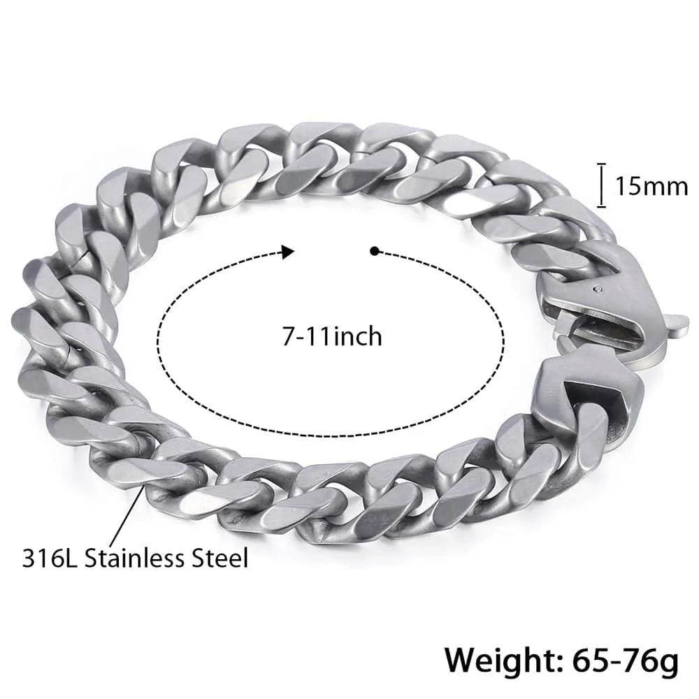 Fashion Matte Polished 316L Stainless Steel Bracelet For Men Boy Cut Curb Cuban Link Chain Male Hip Hop Jewelry Gift 15mm HBM109