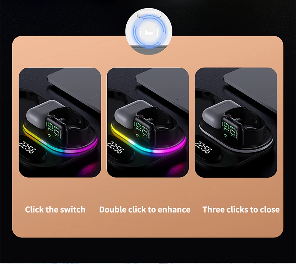 Kabelloses Ladegerät 4-in-1 Schnelle Kabellose Ladestation für iPhone 15 16 17 Pro Max Apple Watch Kabelloses Ladegerät mit Lampe und Uhr – Detail 13