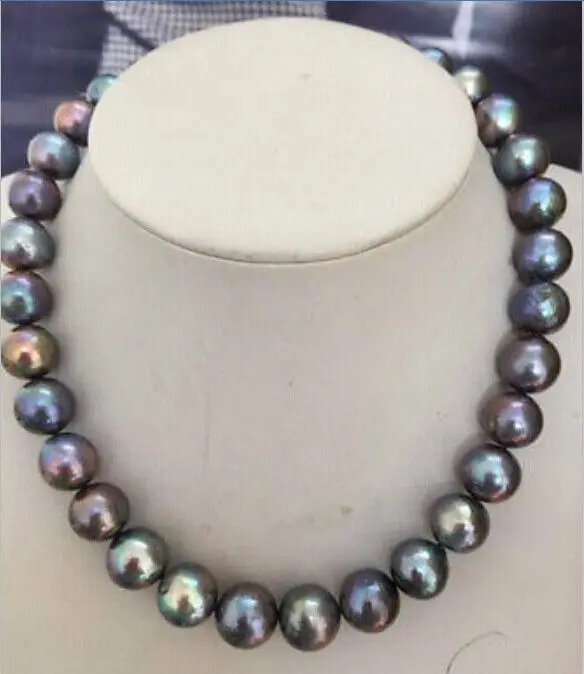 Wholesale HUGE PERFECT 11-12mm TAHITIAN BLACK RED GREEN PEARL NECKLACE 17.5