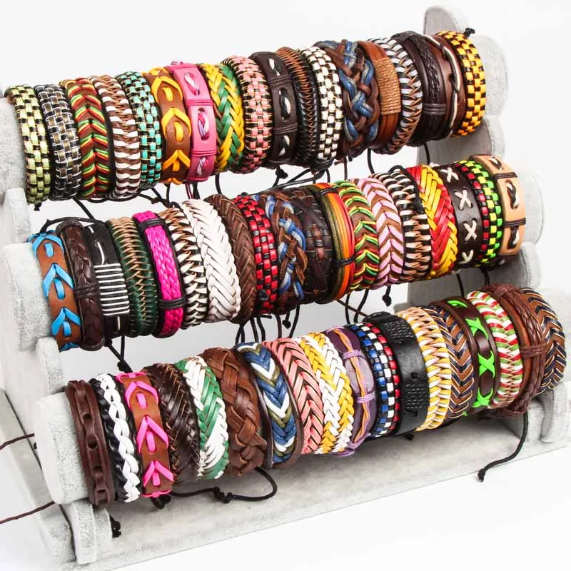 

15pcs/Set Black Wrap Woven New Colorful Fashion Handmade Bracelets Male Women Leather Men Bangle Wholesale Jewelry Party Gift