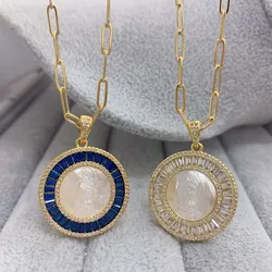 Blessing Round Virgin Guadalupe Pendant Necklace Colored Zircon Natural Shell Jewelry Necklaces for Women