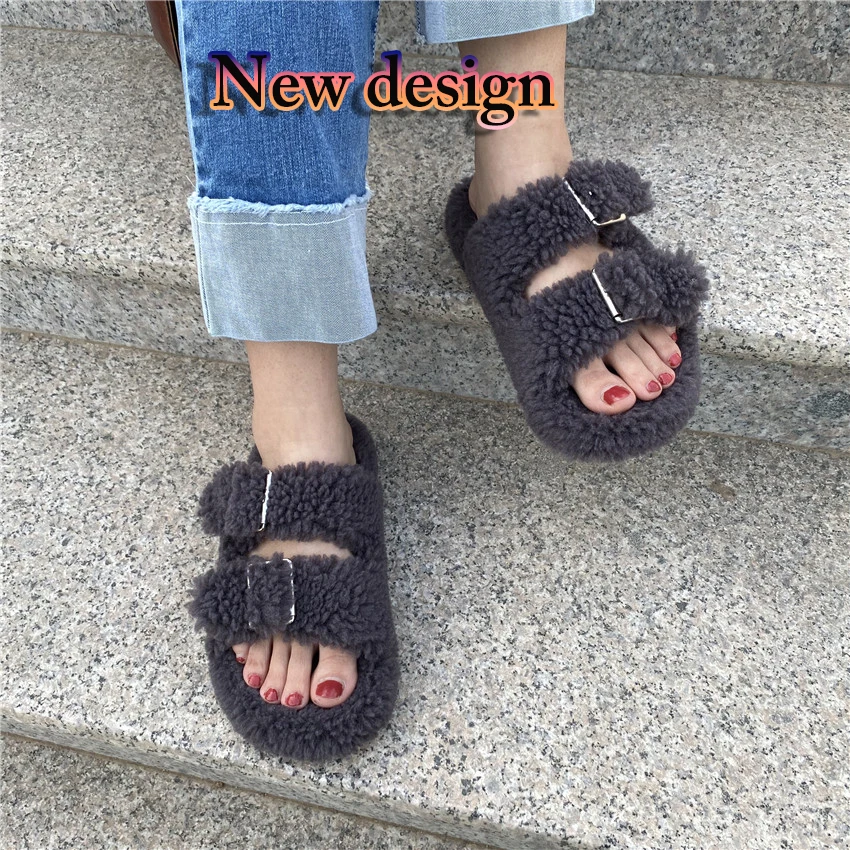 European Station Wool Slippers Summer Fur Open-Toe Slippers Women Fashion Home Soft Sandals