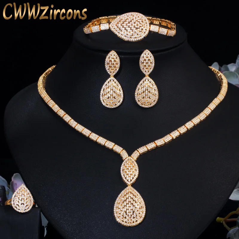 CWWZircons Luxury Big Water Drop Women Party Earring Bracelet Ring Necklace 4pcs Sets Gold Plated Wedding Costume Jewelry T424