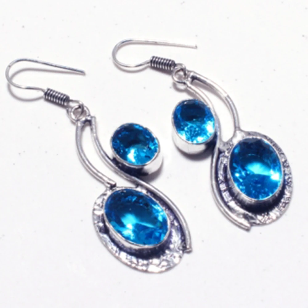 Blue Topas  Earrings  Silvers Overlay over Copper  Hand made Women Jewelry Gift