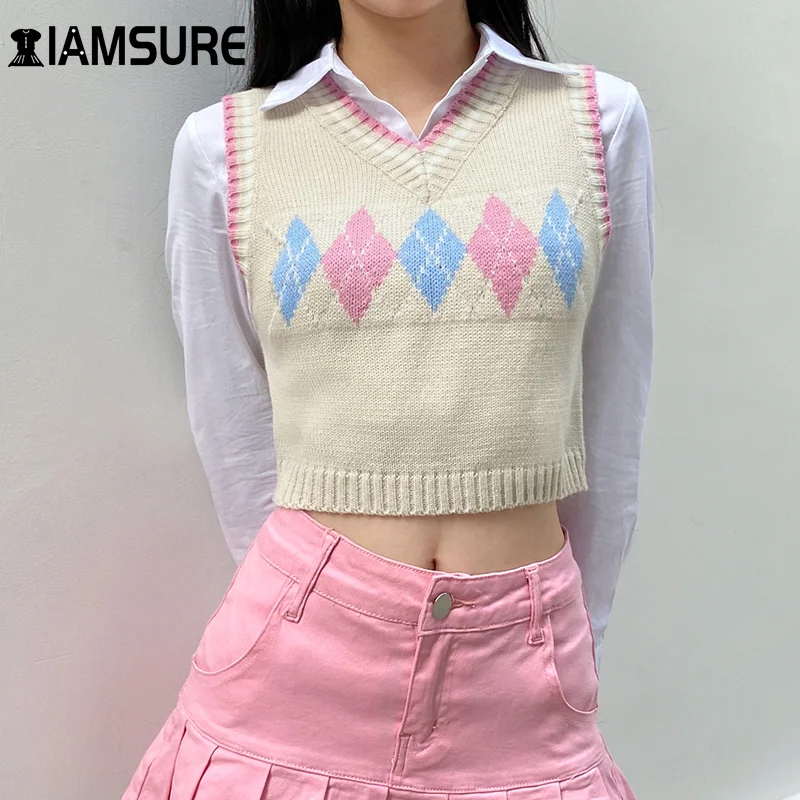 IAMSURE Casual Argyle Plaid Sweater Vest Women Elegant Winter Sleeveless 90\'s Aesthetic Sweater Knit Vintage V-Neck Crop Top