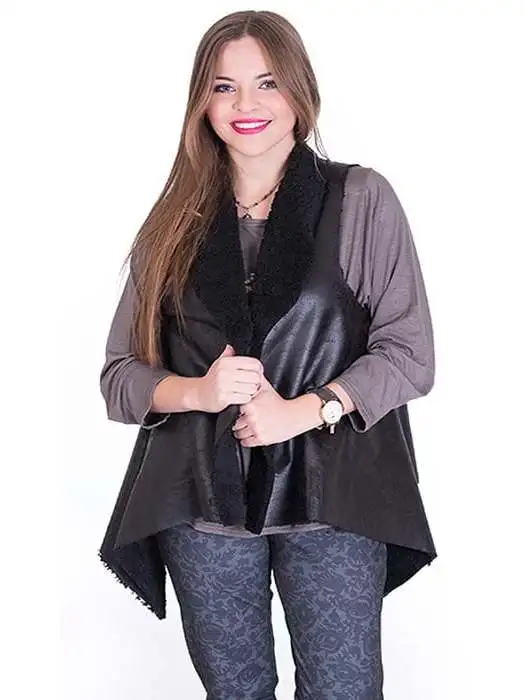 Women's leather vest. Black color vest for winter, with sheepskin, warm and not weigh nothing