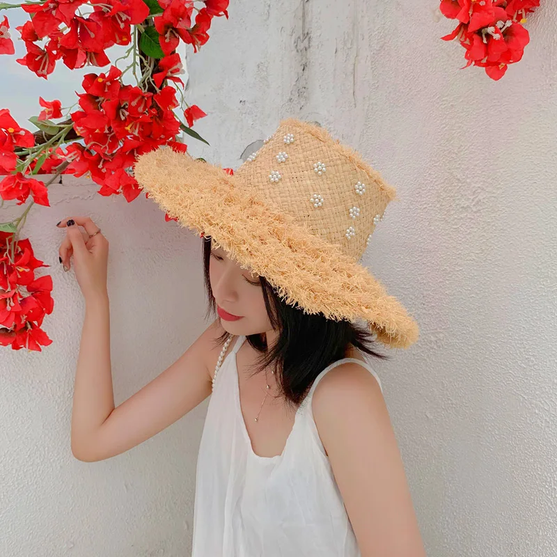 2021 Female Fashion Beach Raffia Sun Hats For Women Summer Flat UV Hats Party Caps Holiday Women\'s summer sundresses Straw hat