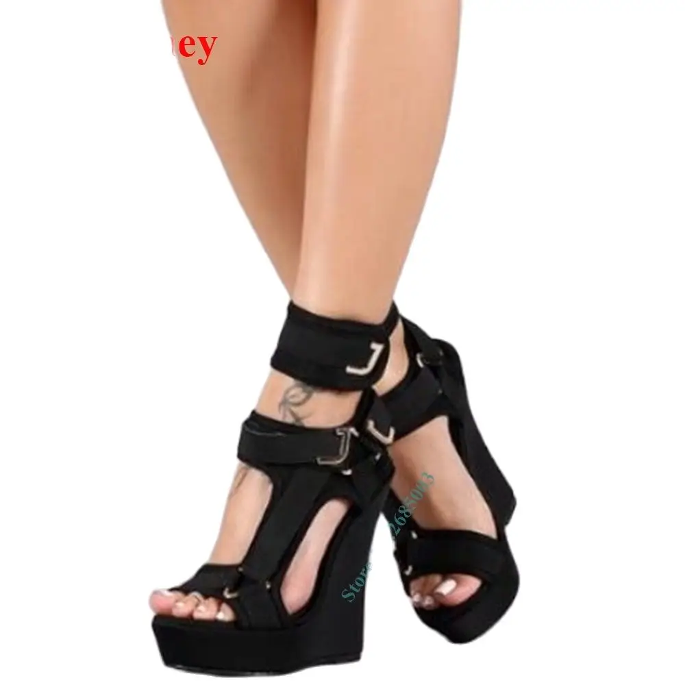 Custom Made Heeled Wedge Sandals Open Toe Solid Ankle Buckle Straps Platform Sandals Female Dress Shoe Summer Party Daily Black