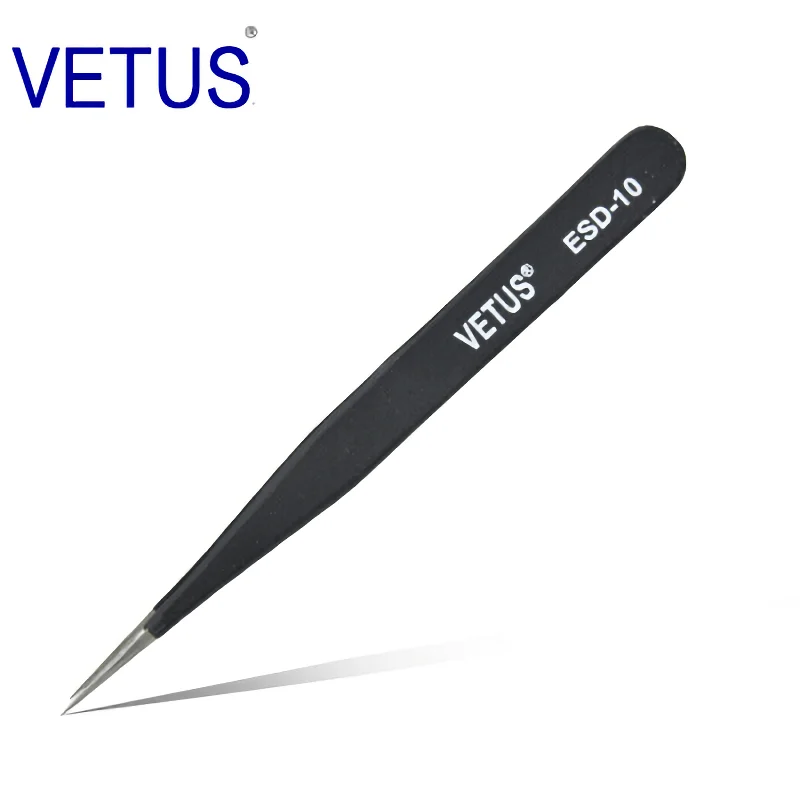 VETUS Original ESD Series ESD-10 (110mm) Anti-static High-precision Stainless Steel Tweezers Anti-acid Alkali Resistant Pincers