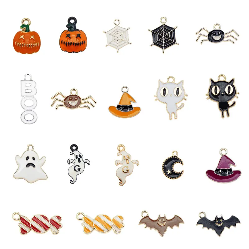 Julie Wang 19PCS Enamel Halloween Charms Mixed Candy Ghost Pumpkin Bat Spider Cat Hat Boo Alloy Pendant Jewelry Making Accessory