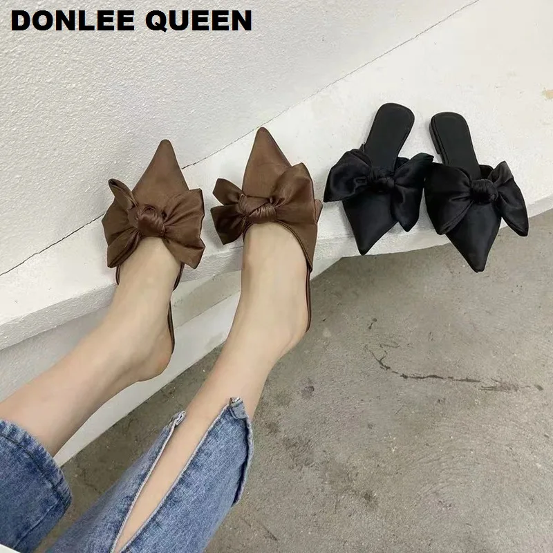 New Women Slippers Silk Bowtie Female Mules Fashion Flat Casual Shoes Pointed Toe Ladies Slides Elegant Woman Slipper Flip Flops