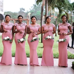 Pink Mermaid Bridesmaid Dresses For Wedding Party Gowns Satin Cap Sleeve O-Neck Appliques Formal Floor Length Custom Made