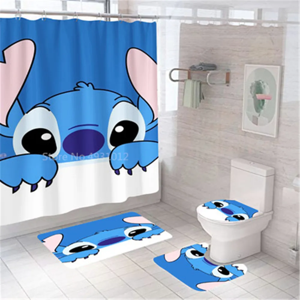 Disney 3D Lilo Stitch Bathroom Shower Curtain Waterproof Curtains in the Bathroom with Hook Set Soft Bath Mat Toilet Carpet Rugs