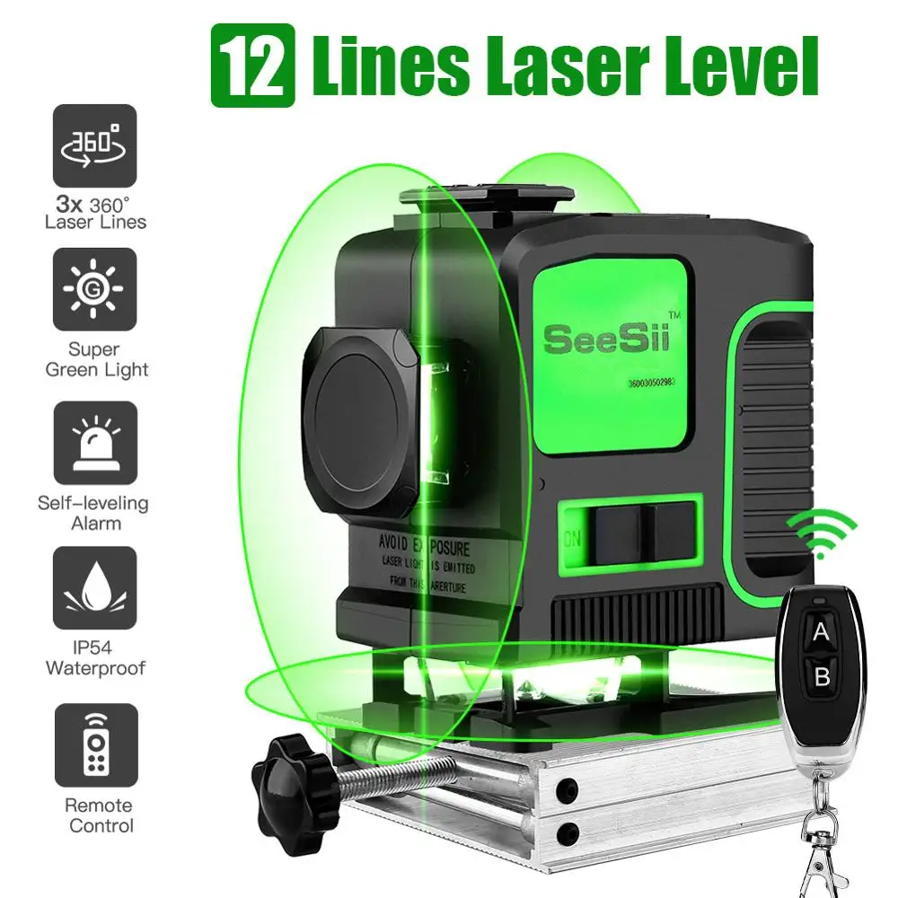 12 Lines Laser Level Tripod Green Self-Leveling Vertical Horizontal Powerful 360 Bracket 532nm 3D Nivel Lasers Receiver