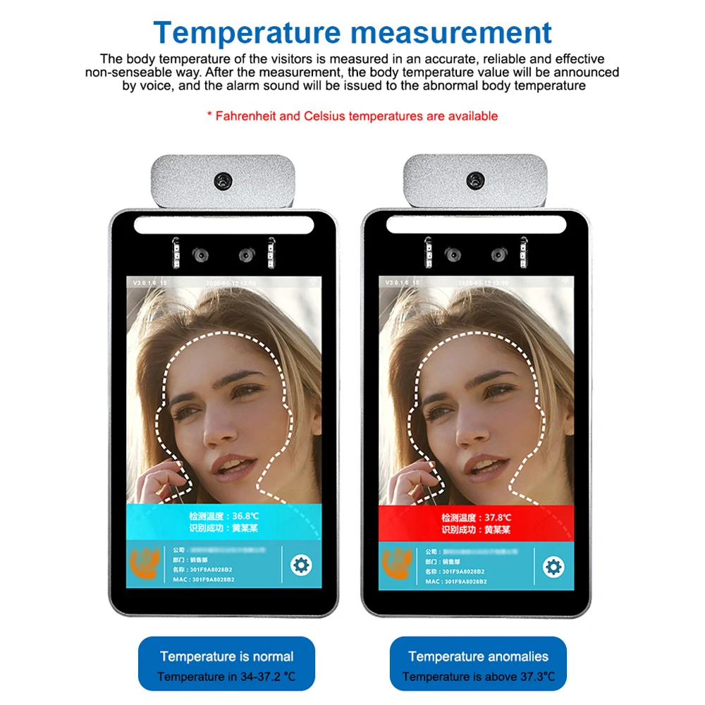 8 inch Wireless Dynamic Face Recognition Camera 1080p NO-Contact Body Temperature Measurement Panel Fever Android System