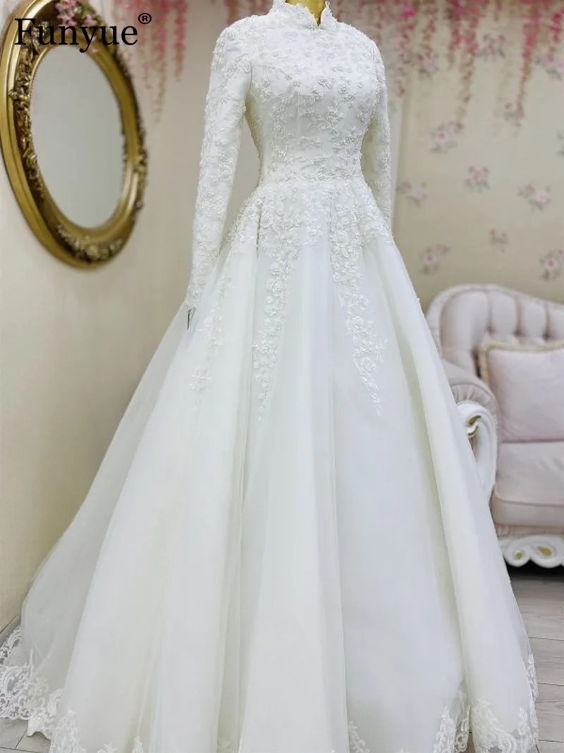 Robe de Mariée Musulmane en Ivoire à Manches sulf, Tenue Élégante en Tulle et Dentelle Blanche, Style Islamique de Dubaï