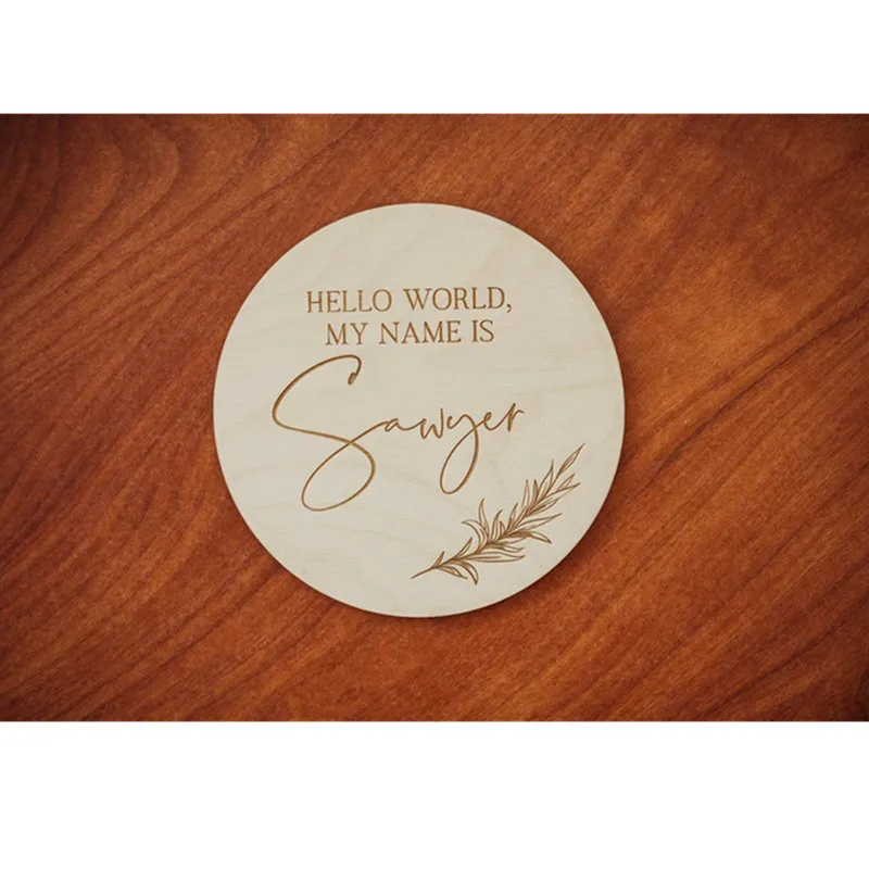 

Пользовательские гравировка на дереве имя ребенка знак, Привет, меня зовут, круглые, рождение ребенка или налета, питомник украшения для нов...