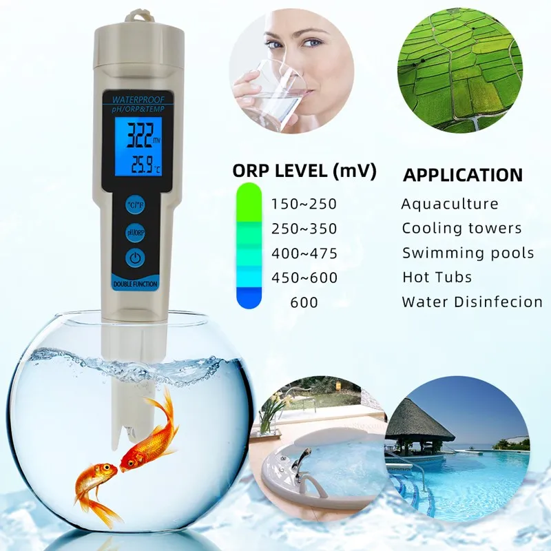 3 in 1 ORP TEMP pH Meters Waterproof ORP Meter PH Tester Redox Potential Testers Water Quality Measure Tool Water Detector 50%