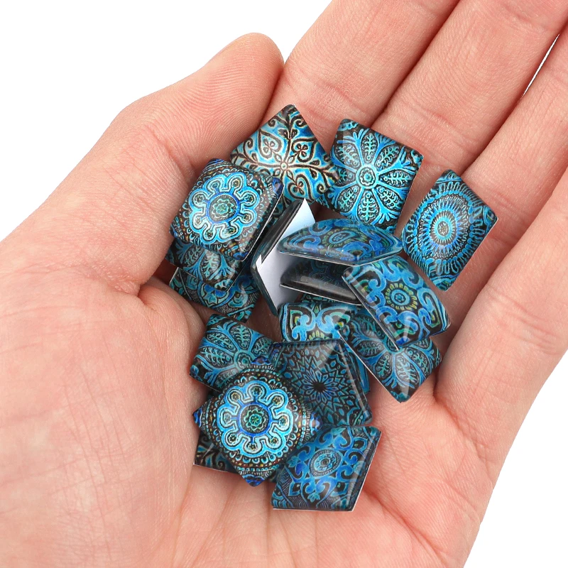 Blue White Porcelain Square Pattern Fit 15/20/25/30mm DIY Jewelry Making Glass Cabochons Cameo Base Setting Jewelry Components