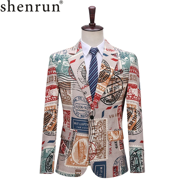 Shenrun Men Blazers Slim Fit Jackets Retro Pattern Print Blazer Casual Suit Jacket Wedding Party Prom Singers Costume Plus Size