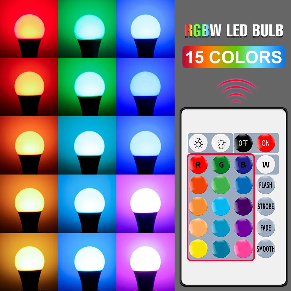 

E27 LED Smart Bulb RGB Lamp 5W 10W 15W LED Bombilla RGB Magic Light Bulbs 220V Dimmable IR Remote Control Colorful Lighting 2835