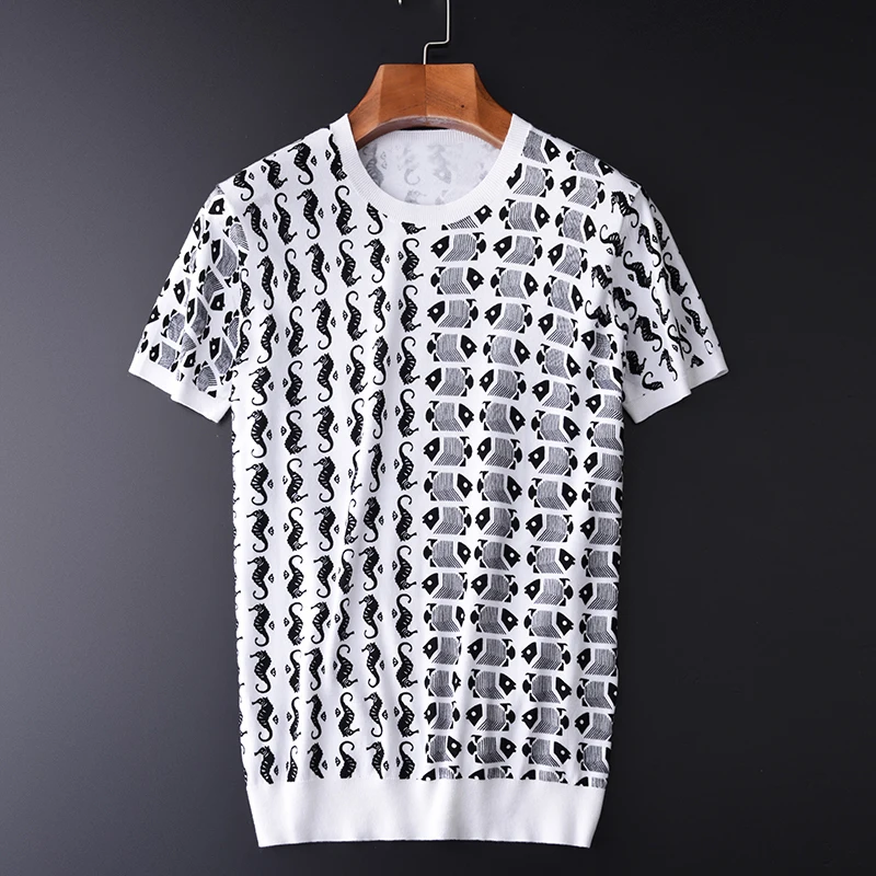 

100% Cotton Men T-shirt Luxury Ocean Style Printed Knitted Mens T-shirts Plus Size 3XL 4XL Slim Fit Summer Man Tee