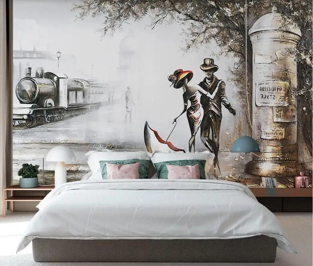 Custom mural wallpaper European stereo relief romantic couple characters train background wall mural