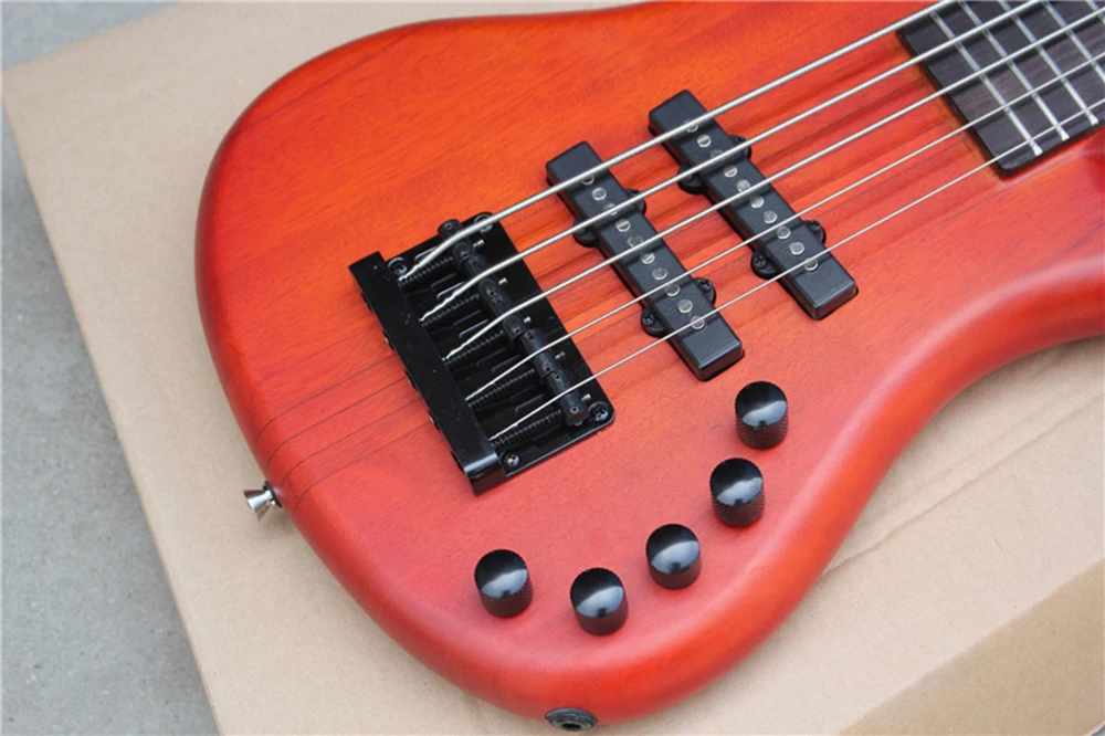 5 Strings Matte Red-brown Electric Bass Guitar with Ash Body,Rosewood fretboard