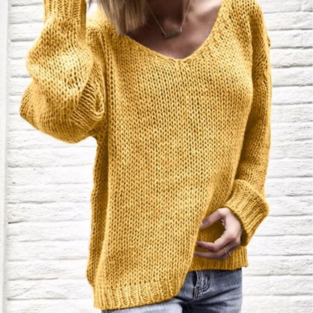 2023 Casual Women Pullovers Loose Solid Color Knitted Sweater V Neck Long Sleeve Top Women\'s Clothing джемпер женский pull femme