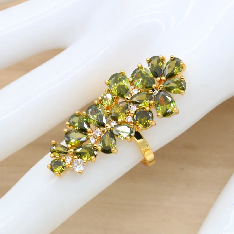 Luxury Green Peridot Gold Color Bridal Jewelry Set for Women Bracelet Earrings Necklace Pendant Ring Birthday Gift