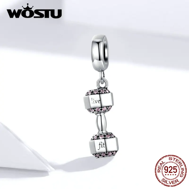 

WOSTU Dumbbell Fitness Charms 925 Sterling Silver Fit Original Bracelet Pendant Beads Women DIY Necklace Sport Jewelry FIC1340