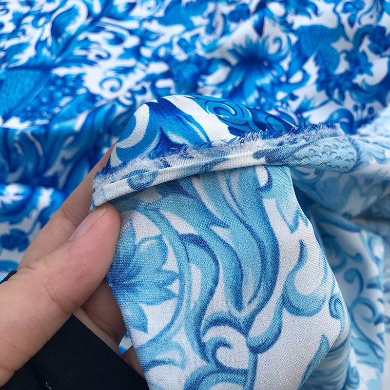 Printed Blue White Porcelain Pattern Imitation Silk Stretch Satin Polyester Soft Fashion Ladies Shirt Scarf Diy Fabric Cloth