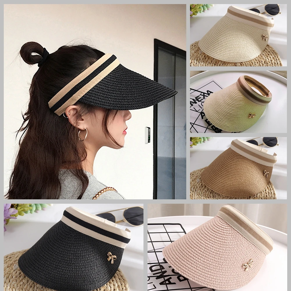 HUISHI Hats For Women Sun Hats Parent-Child New Woman's Female Bowknot Visor Caps Hand Made DIY Straw Summer Cap Empty Top Shade