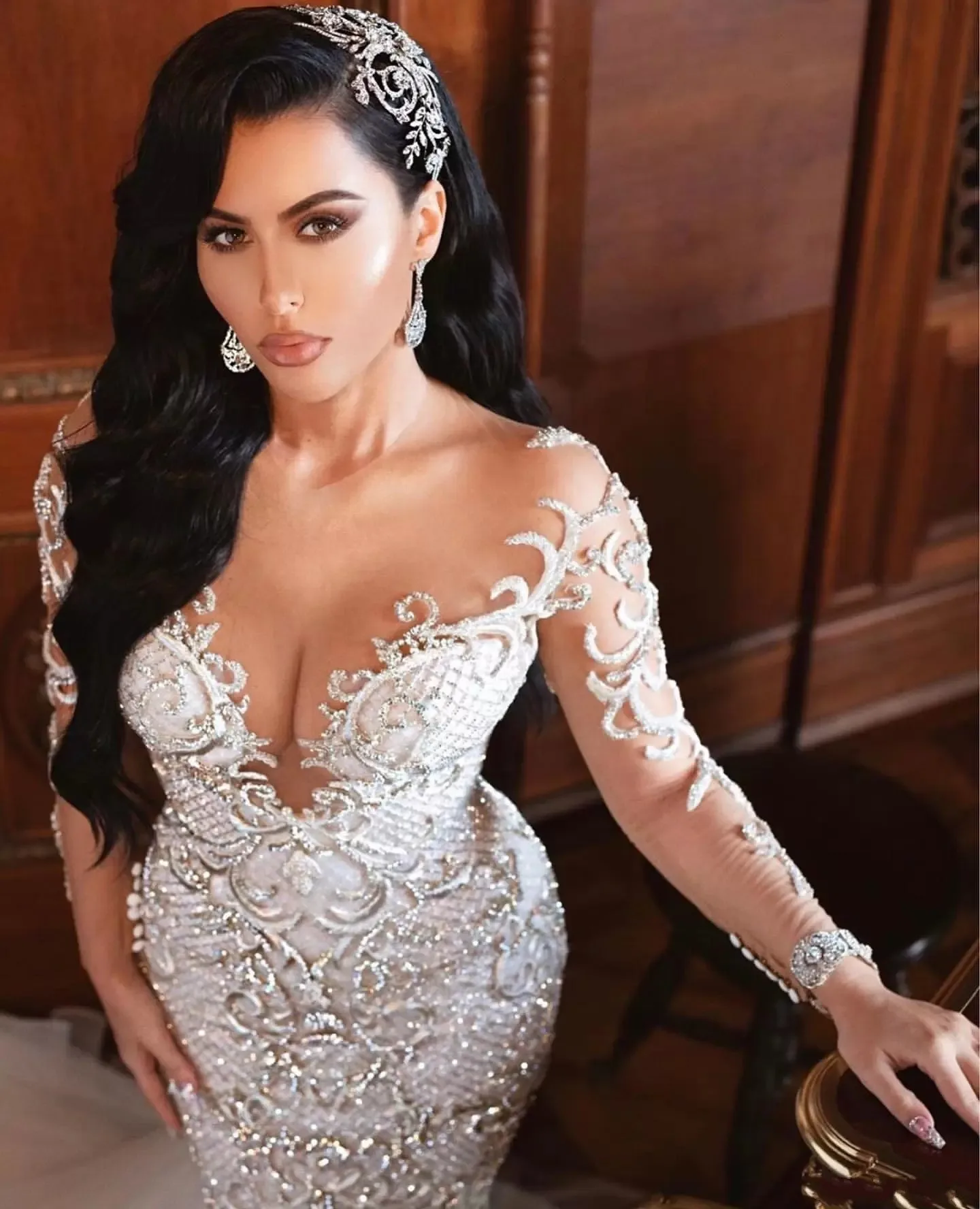 Vestidos De novia árabes sexys De lujo sirena rebordear cuello transparente mangas largas Vestidos De novia 2025 Vestidos De Noiva Mariee